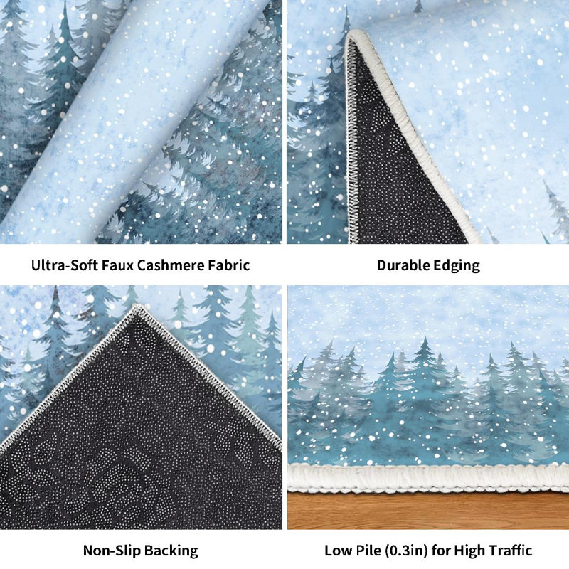 Tapis d'intérieur bleu lavable à la machine, motif sapins de Noël horizontaux, Rectangle 39 po x 63 po