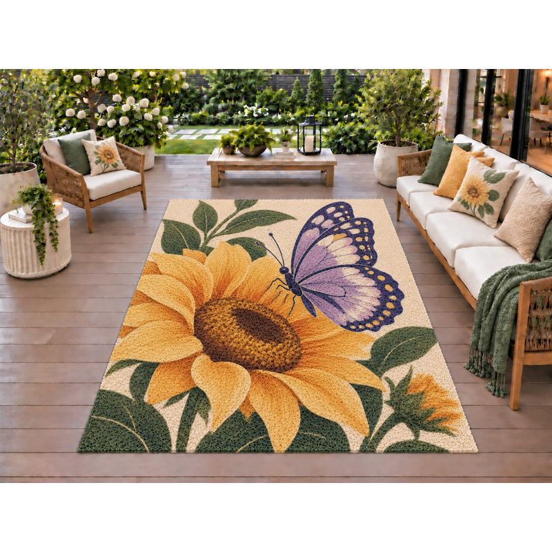 Tapis d'extérieur 152 x 213 cm (5' x 7') à motifs papillons et tournesols jaunes, épais, imperméable, en PVC bouclé, résistant et à séchage rapide, idéal pour terrasse, balcon, entrée, VR ou autre espace extérieur.