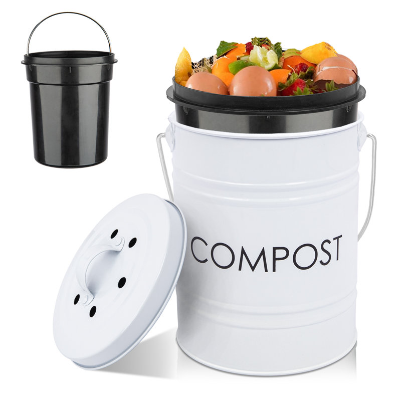 Compost Bin Kitchen Countertop Compost Bin With Lid, Small Compost Bin Includes Inner Compost Bucket Liner & Charcoal Filter, White