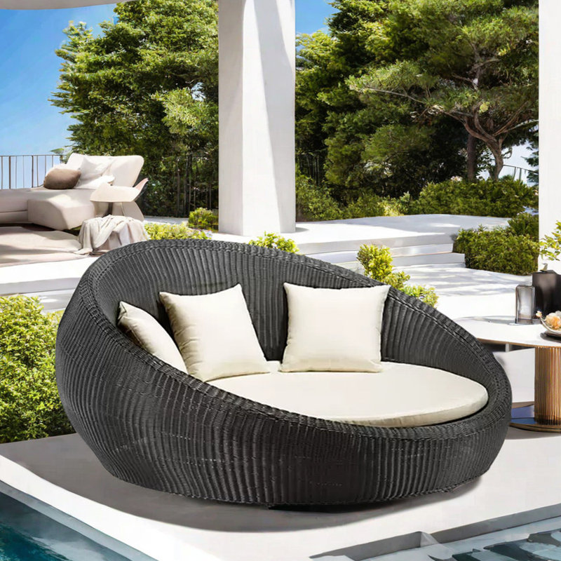 PE Rattan Waterproof Patio Daybed 70.87'' Wide Circle Wicker Patio Daybed with Cushions, Black