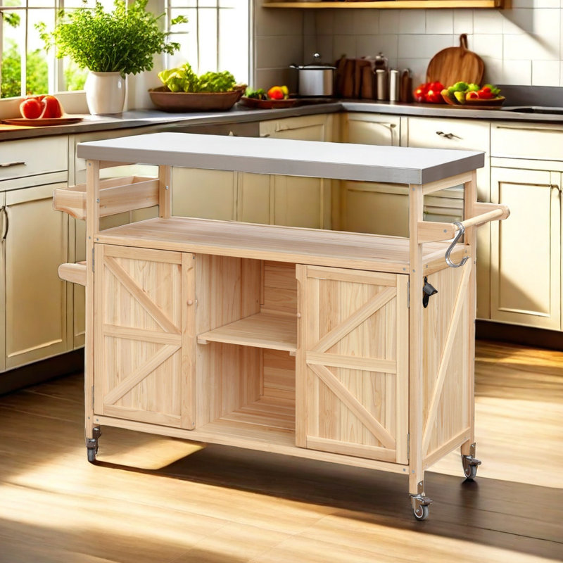 Îlot de cuisine en bois massif l 50,2 po avec plateau en acier inoxydable