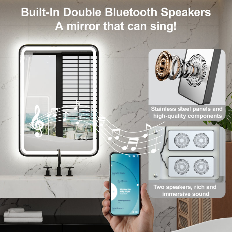 Frame LED Bathroom Mirror with Dual Bluetooth, Front & Back Light, Anti-Fog, 3 Color Temperature & Dimmable Light, IP54 Waterproof, ETL Certified