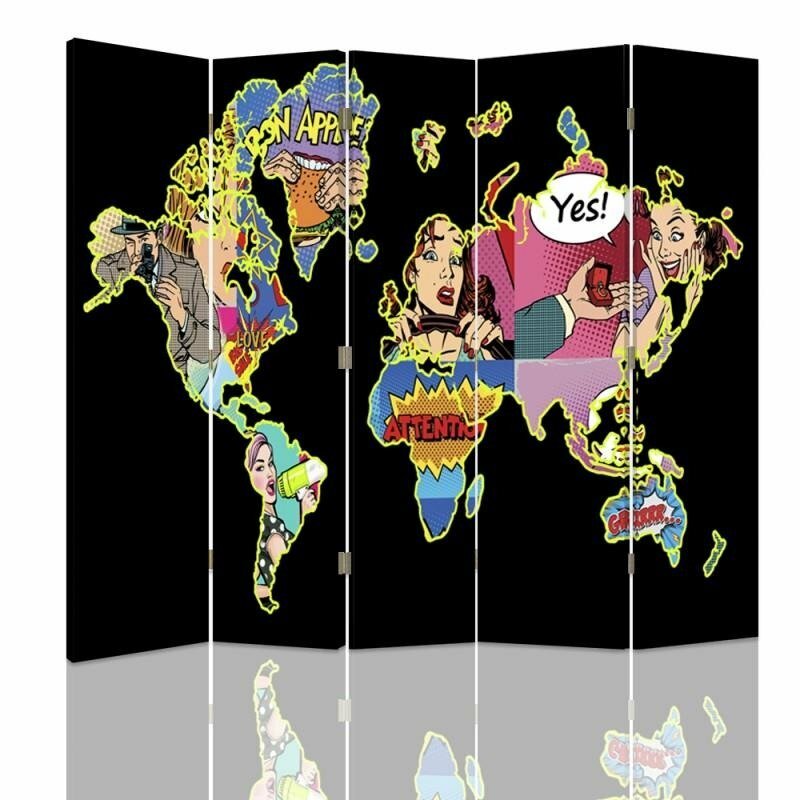 Raumteiler Pop Art Map of the World mit 5 Paneelen