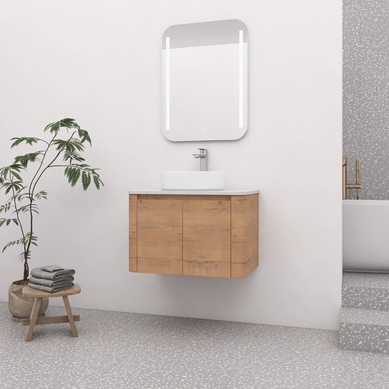 Meuble-lavabo mural 30 po avec lavabo d'art en céramique, portes à fermeture en douceur, Blanc lustré