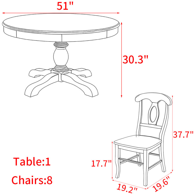 American style retro solid wood dining table set, 30.3"H x 51"L x 51"W