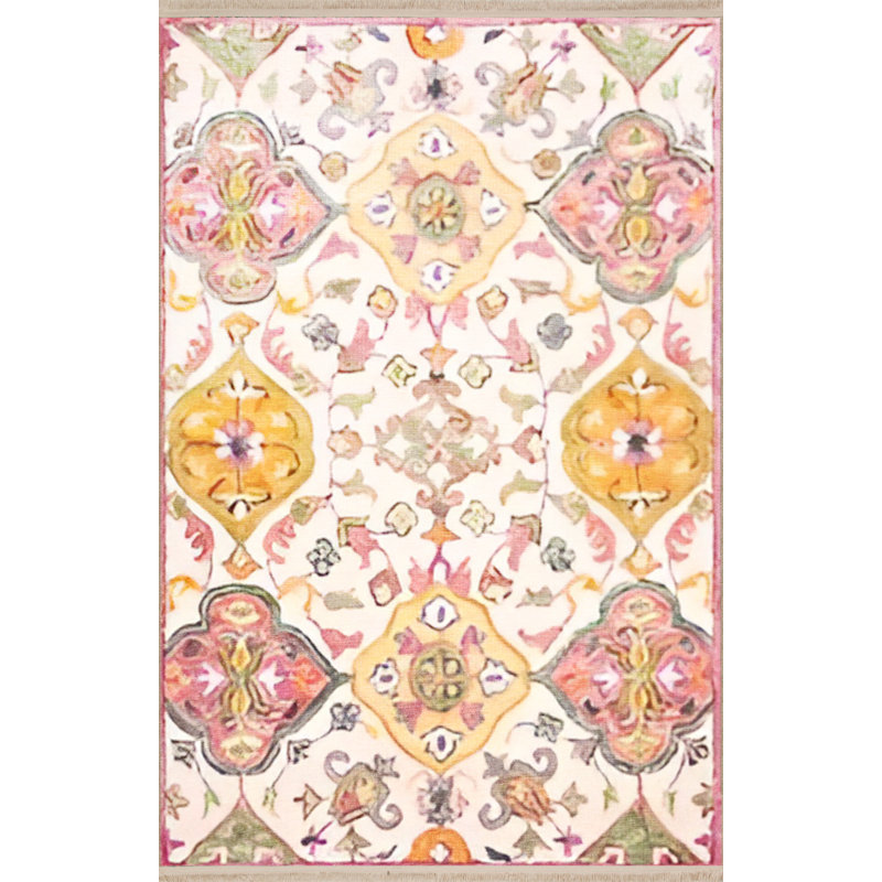 Tapis intérieur / extérieur en polypropylène tissé à la machine Sabrah - jaune / rose / blanc, Carré 6 pi 3 po