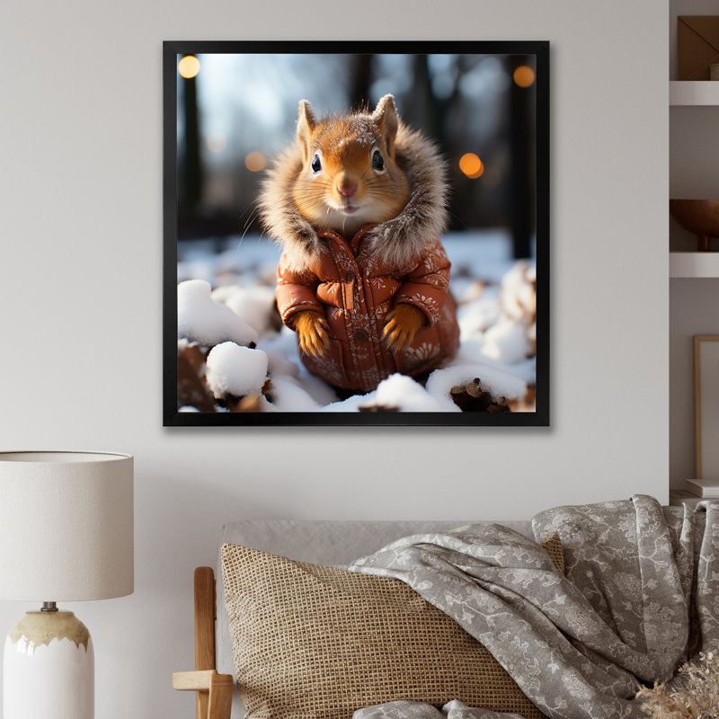 Mignon écureuil avec écharpe dans la neige IV - écureuil, art mural animal, Cadre simple noir, H 36 po x l 36 po x P 1,5 po