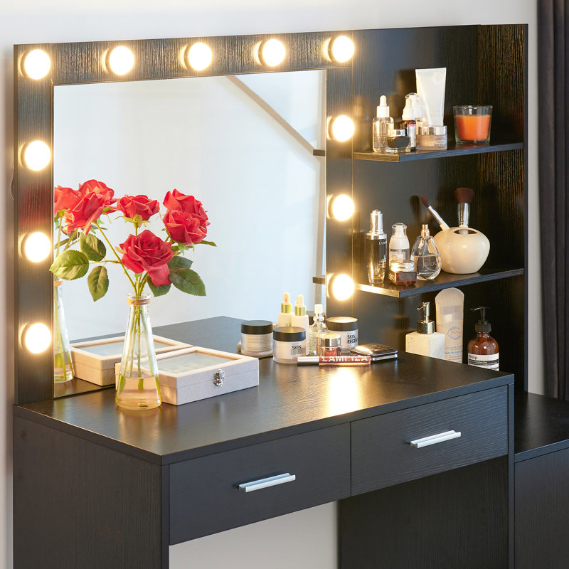 46.4In Dressing Table With Mirror And Lights - Vanity Desk 2 Large Drawers & Vertical Organizer, 3 Level Dresser, Adjustable Brightness Lighting Modes For Bedroom  Black