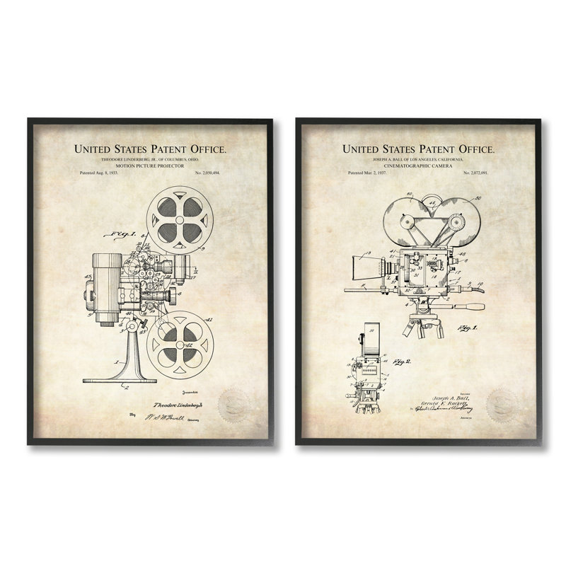 Vintage Movie Camera Patent Diagram Black Framed Canvas Art, 11 x 14