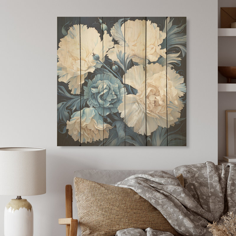 Arrangement d'œillets blanc et bleu - œillets, art mural sur bois de pin naturel, H 15 po x l 15 po