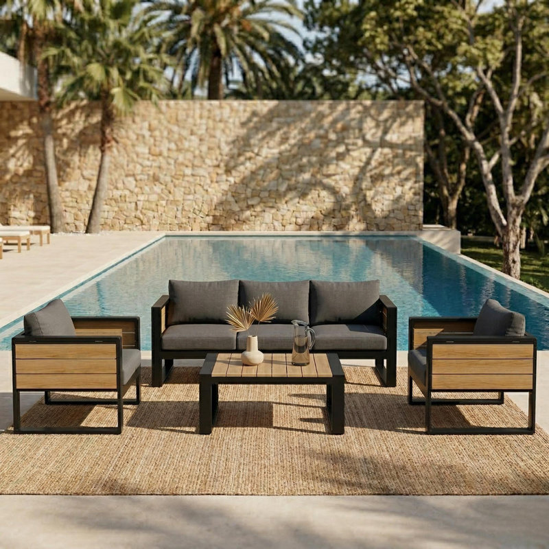 Ensemble de mobilier d'extérieur 4 pièces, canapé 3 places, 2 fauteuils, tables d'appoint rabattables, gris, sièges de jardin modernes