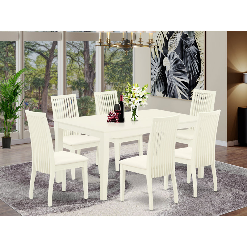 7 Piece Dining Table Set Consist of a Rectangle Kitchen Table and 6 Linen Fabric Kitchen Dining Chairs, 36x60 Inch, Mahogany