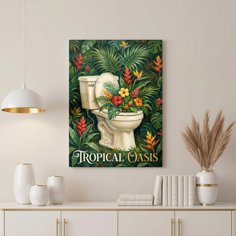 Toilettes « Oasis tropicale » avec fleurs et feuilles - Toile tendue sur châssis (lot de 1), H 36 po x l 24 po
