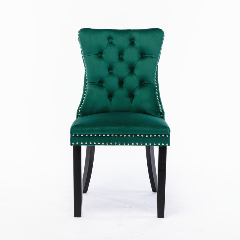 Chaise à dossier haut en bois massif - Coussin moelleux rebond, garniture de rivet, assemblage facile, Vert, Noir