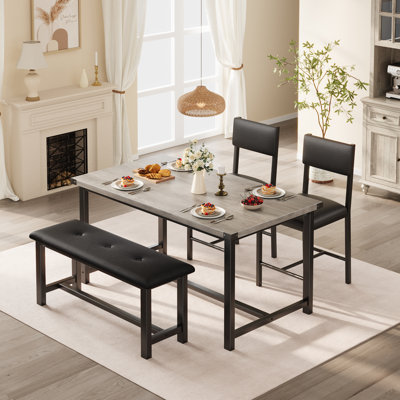 Space-Saving Modern Dining Table Set for 4 – Engineered Wood Table with Upholstered Bench & 2 Padded Chairs – Easy Assembly – for Small Spaces – Grey