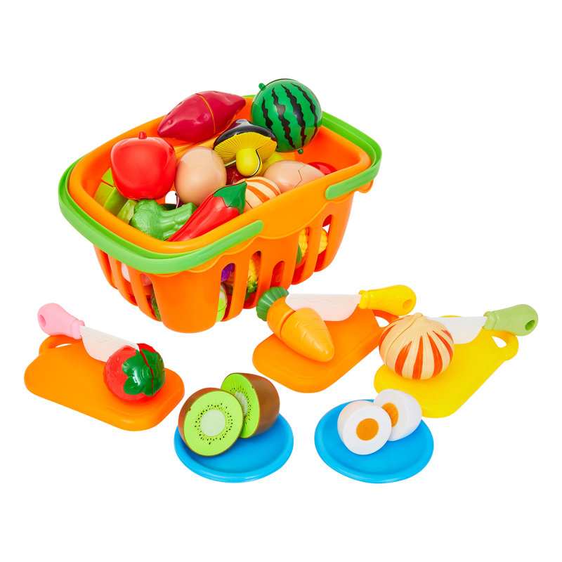 Ensemble de 46 aliments pour enfants, ensemble de 46 pièces pour jouer avec cuisine, planche à découper et couteaux - 35 jouets pour tout-petits, panier d'épicerie, 3 planches à découper, 3 couteaux et 4 plats pour enfants de 3 ans et plus par Hey! 