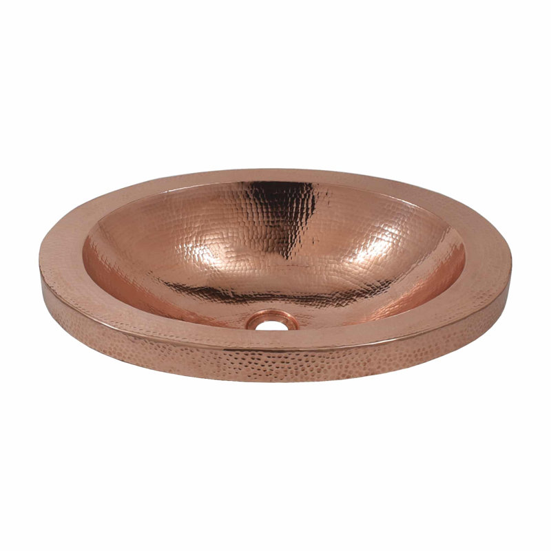 Hibiscus Hand-Hammered Copper Oval Drop-In Bathroom Sink, Polished Copper