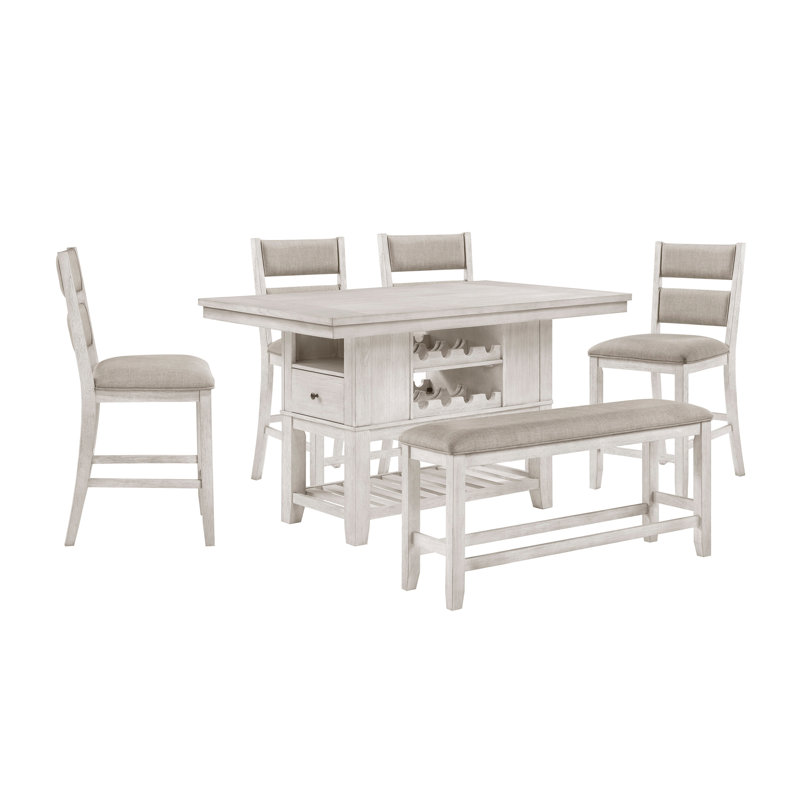 Ensemble de salle à manger 6 pièces à hauteur de comptoir avec table de finition blanc antique et tiroirs