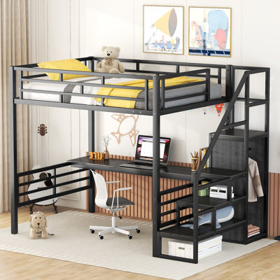 Full Size Metal Loft Bed with Desk, Storage Staircase & Small Wardrobe – Kids & Teen Space-Saving Bed by Ivy Bronx