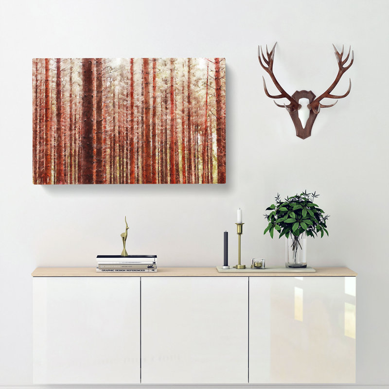 Red Forest In The Autumn Painting - Wrapped Canvas Graphic Art, 60cm H x 91cm W x 3cm D