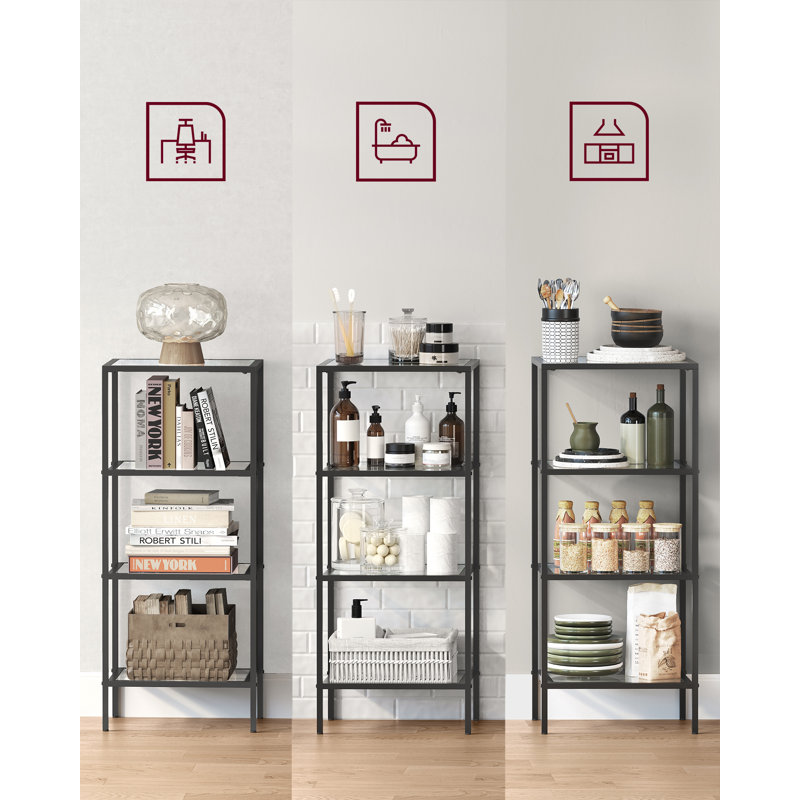 Abrihet 40cm W Steel Bookcase, Ink Black/Clear