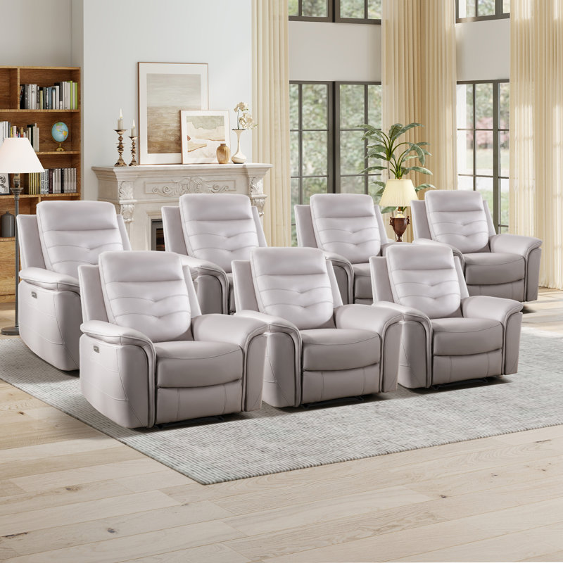 Fauteuil inclinable électrique en cuir Vegan de 39,4 po de large avec USB Alverez (ensemble de 7), Similicuir gris pâle