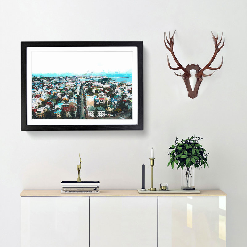 View of Reykjavik in Iceland in Abstract - Picture Frame Graphic Art Print, 50cm H x 76cm W x 2cm D, Black