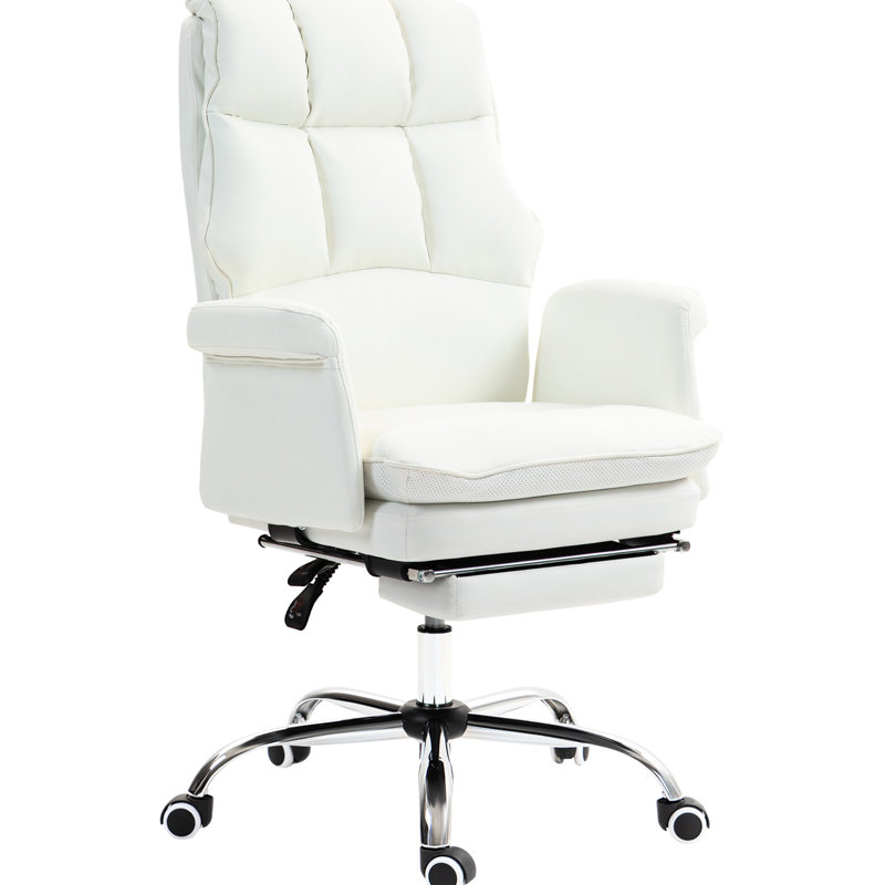 Fauteuil ergonomique en cuir PU blanc, pivotant inclinable avec repose-pieds, confort réglable