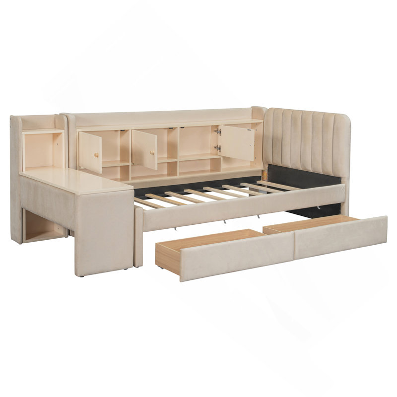 Lit de jour simple tapissier avec tiroirs, tablettes, armoires rabattables et table d'appoint, Beige