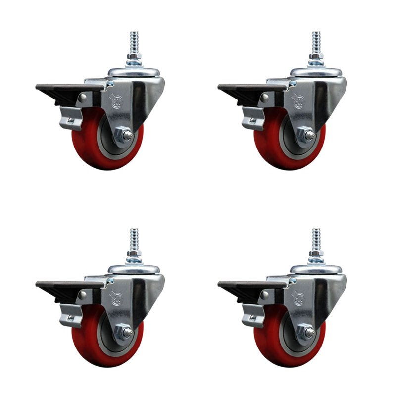 Ensemble de roulettes à tige filetée en polyuréthane 12 mm 3 pouces avec frein, Rouge, H 5 po x l 5 po x P 5 po