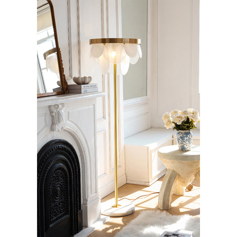 French-Style Glass, Marble & Solid Brass Floor Lamp