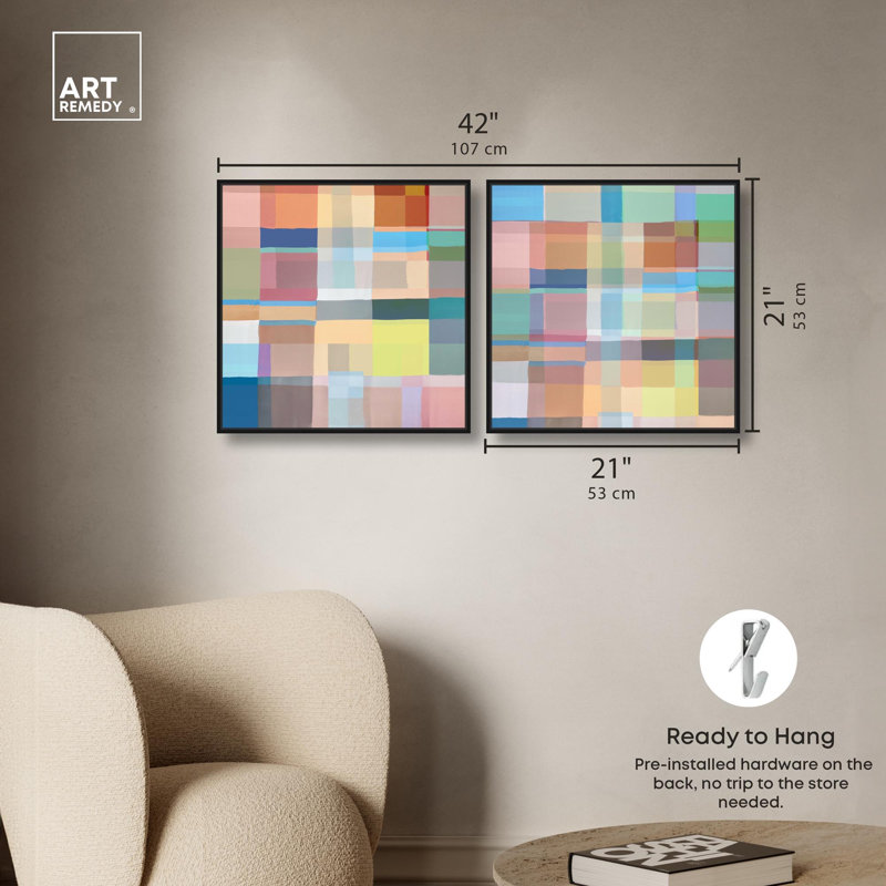 Ensemble de 2 planches de couleurs sur toile, ensemble de 2 décorations Dopamine par Art Remedy, Cadre flottant noir
