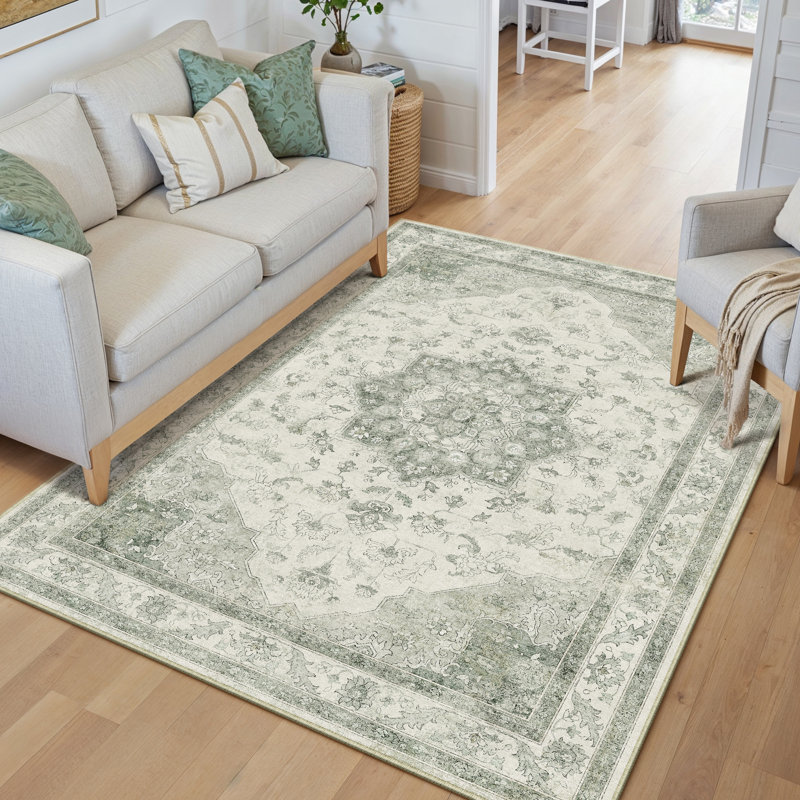 Stella Machine Washable Oriental Light Green Area Rug, Rectangle 3' x 5', Light Green, 0.28"