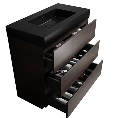 Meuble-lavabo de 36 po en noyer - Fonctionnement silencieux et en douceur, rangement moderne en noyer, lavabo