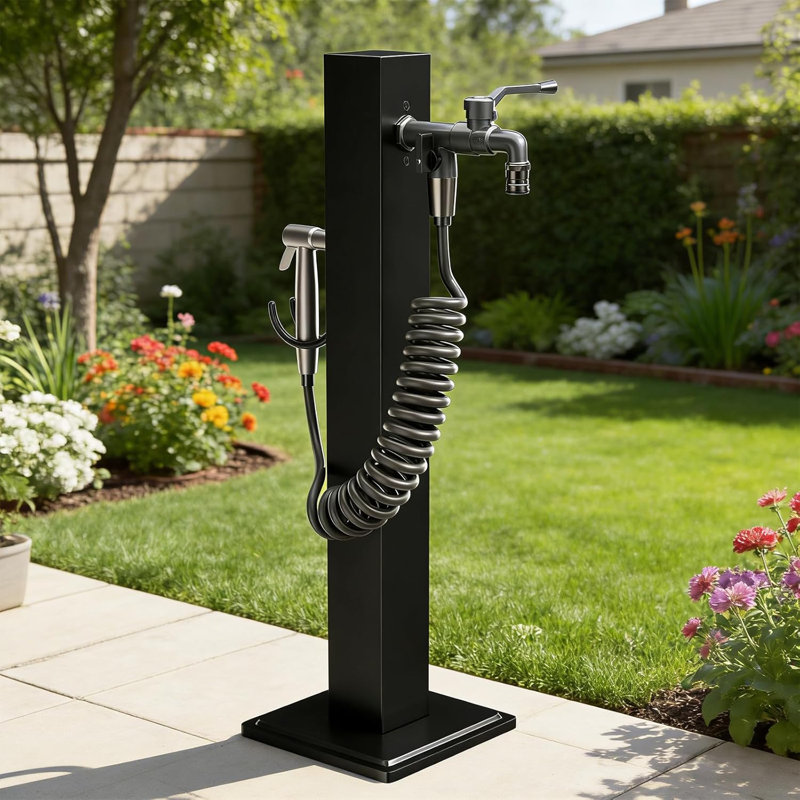 304 Stainless Steel Outdoor Vertical Square Garden Water Column, Freestanding Hose Stand with 2 in 1 Double Brass Faucet and Spray Gun, Black Yard Hydrant for Backyard and Irrigation（90cm）