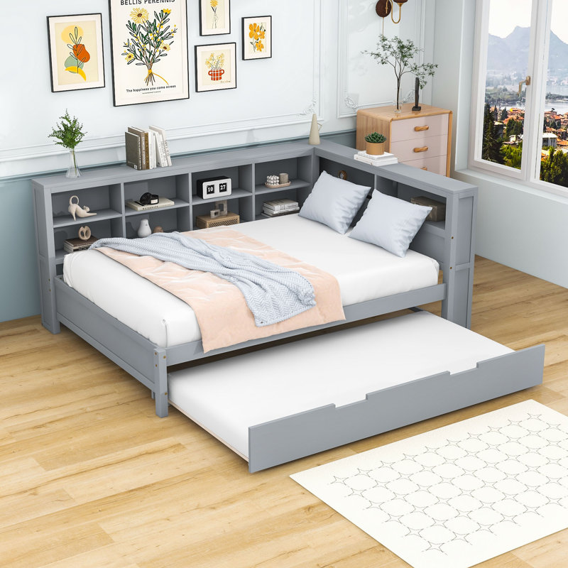 Lit de jour en bois avec lit gigogne simple, tablettes et station de charge, Lit double, Gris