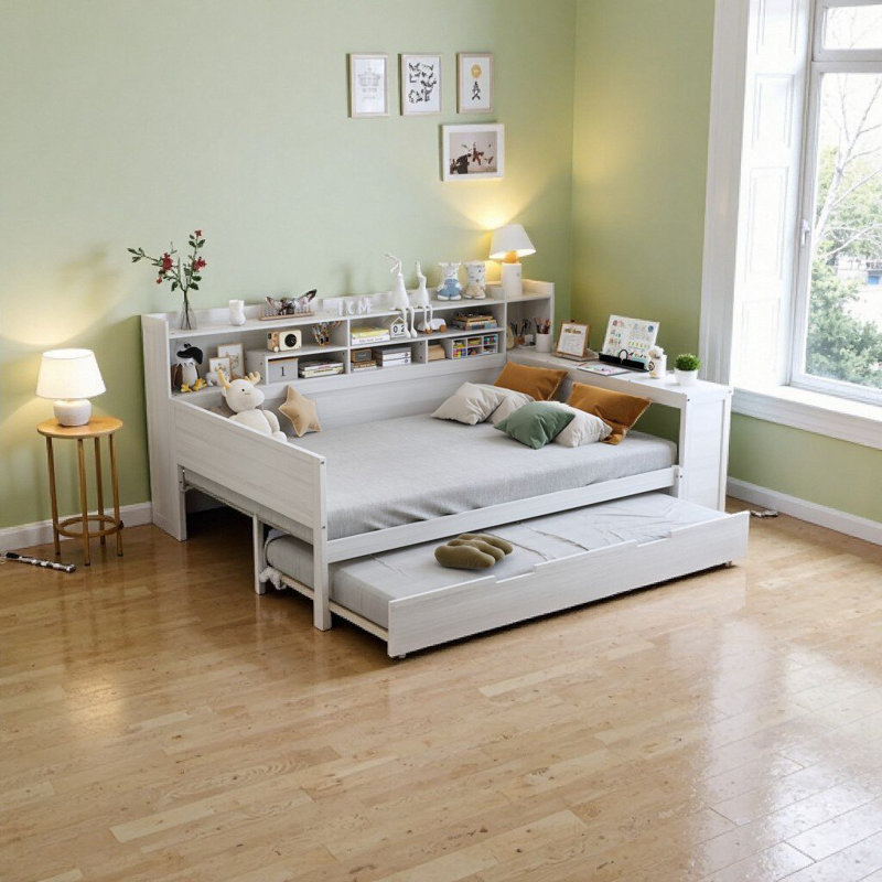 Antique White Full Size Wooden Daybed Combo with Twin Trundle, Storage Shelves & Built-in Study Desk, Antique White