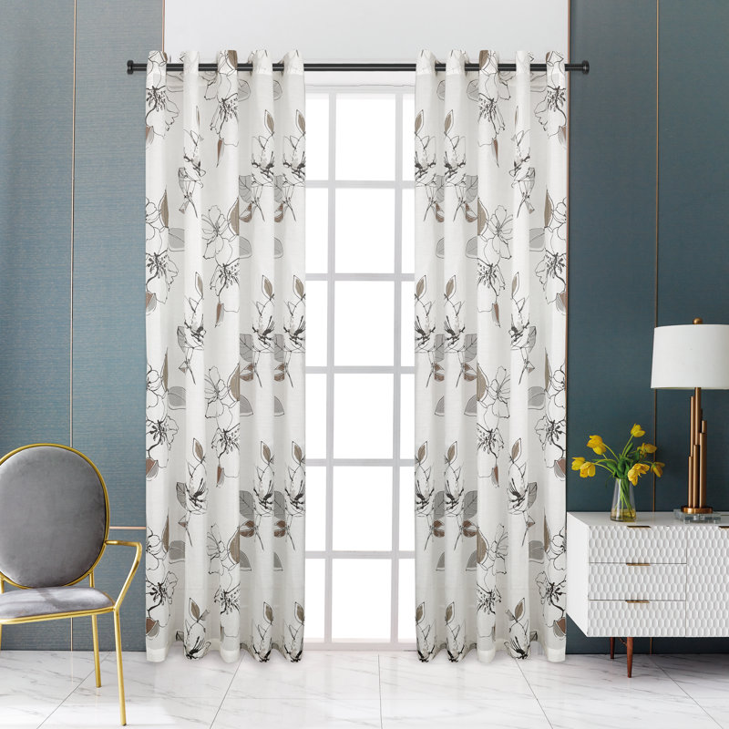 Panneau de rideau simple diaphane avec œillets Floral, L 52 po x L 95 po