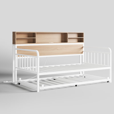 Storage Daybed With Trundle And Charging Station, Industrial Style Metal Daybed With Wood Bookcase, Twin Size Multi-Functional Platform Bed