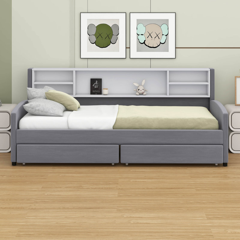 Lit plateforme tapissier simple - rangement et tiroirs inclus, Gris