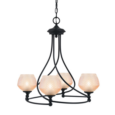 Lustre suspendu 4 lumières Capri, fini noir mat avec verre texturé ambre de 6 po