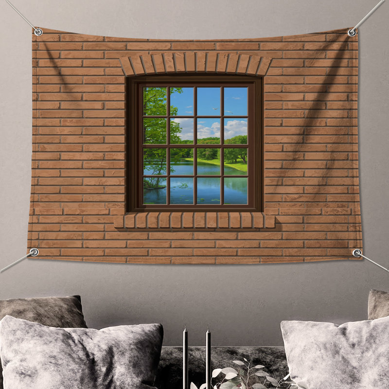 Tapisserie murale fenêtre brique - décoration murale paysage, H 50 po x l 60 po avec 4 œillets