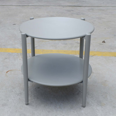 Modern Round Outdoor Coffee Table, 2-Tier Patio Accent with Hand-Woven Rope Shelf and Durable Metal Frame
