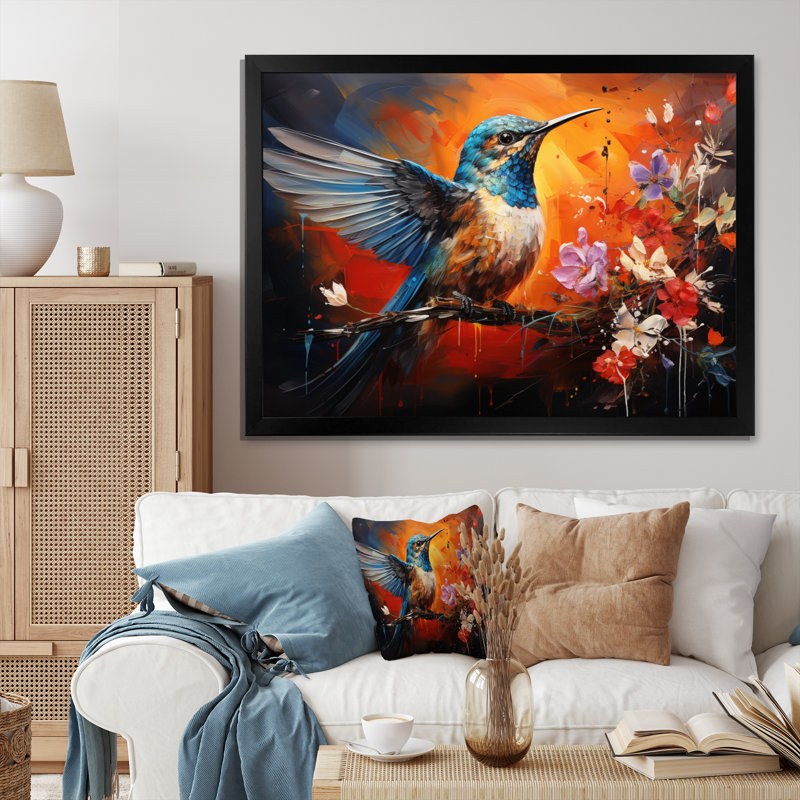Teal Orange Hummingbird Enchanting Hum Collage - Animals Canvas Art Print, Cadre photo noir, H 12 po x l 20 po x P 1 po
