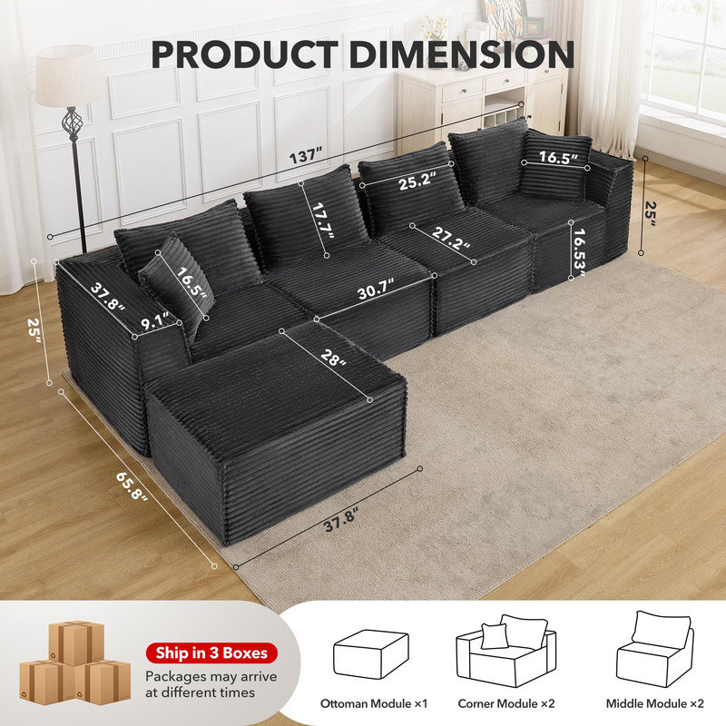 Canapé modulaire 137 po, canapé en forme de L avec siège profond, sans assemblage requis, pour salon, appartement, chambre à coucher
