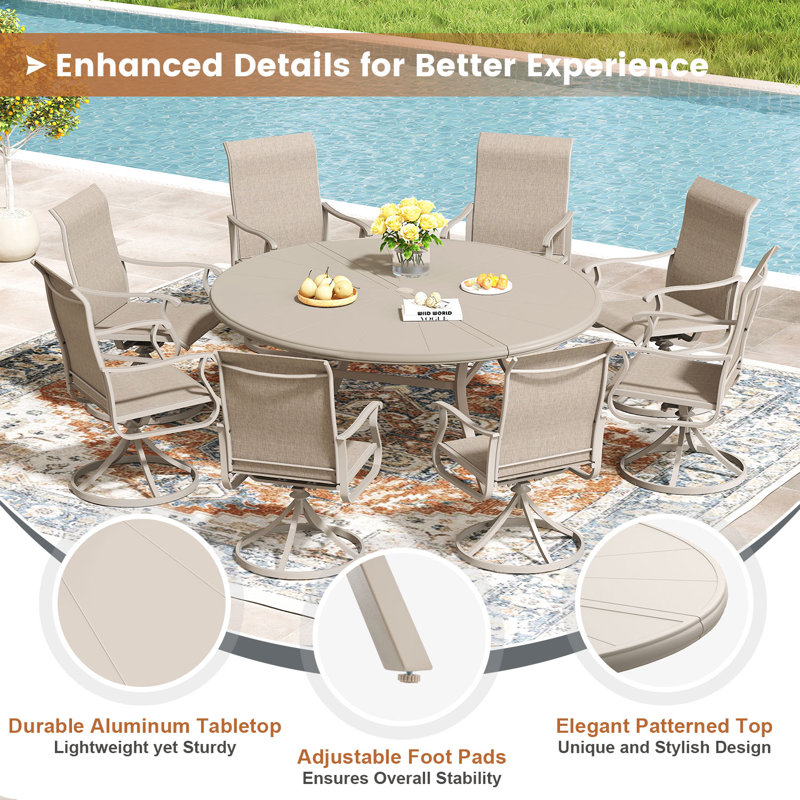8 Person Round Patio Dining Set with 60" Round Aluminum Dining Table and 8 PVC-coated polyester Swivel Chairs