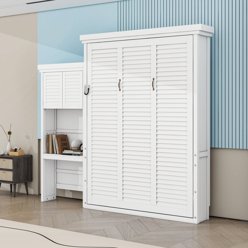 Grand lit escamotable en bois avec tablettes et conception à persiennes, Blanc