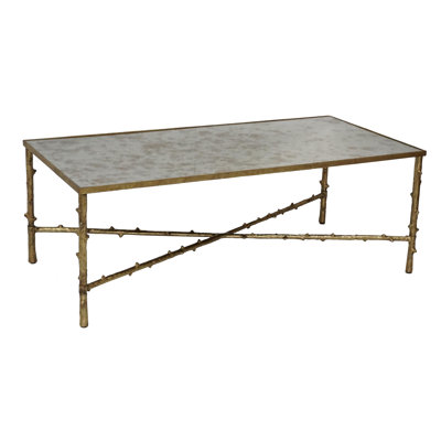 Vince Mirrored Coffee Table with Distressed Gold Finished Base, 47x26x16 by Designe Gallerie