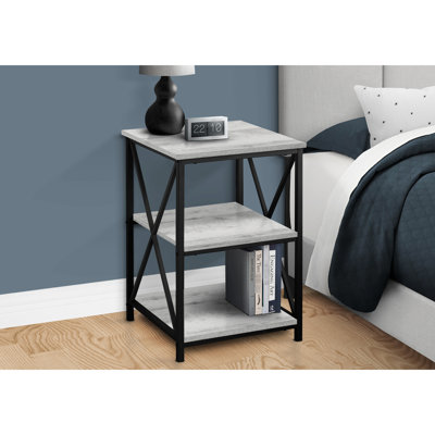 Table de bout en stratifié gris avec base en X en métal noir pour un salon élégant Surface moderne et pieds fonctionnels