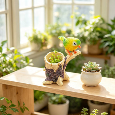 Articles décoratifs miniatures en résine, souches d'arbres, jardinières à thème oiseau, décor paysager, plantes d'intérieur, pots et ornements décoratifs, supports pour plantes d'intérieur.